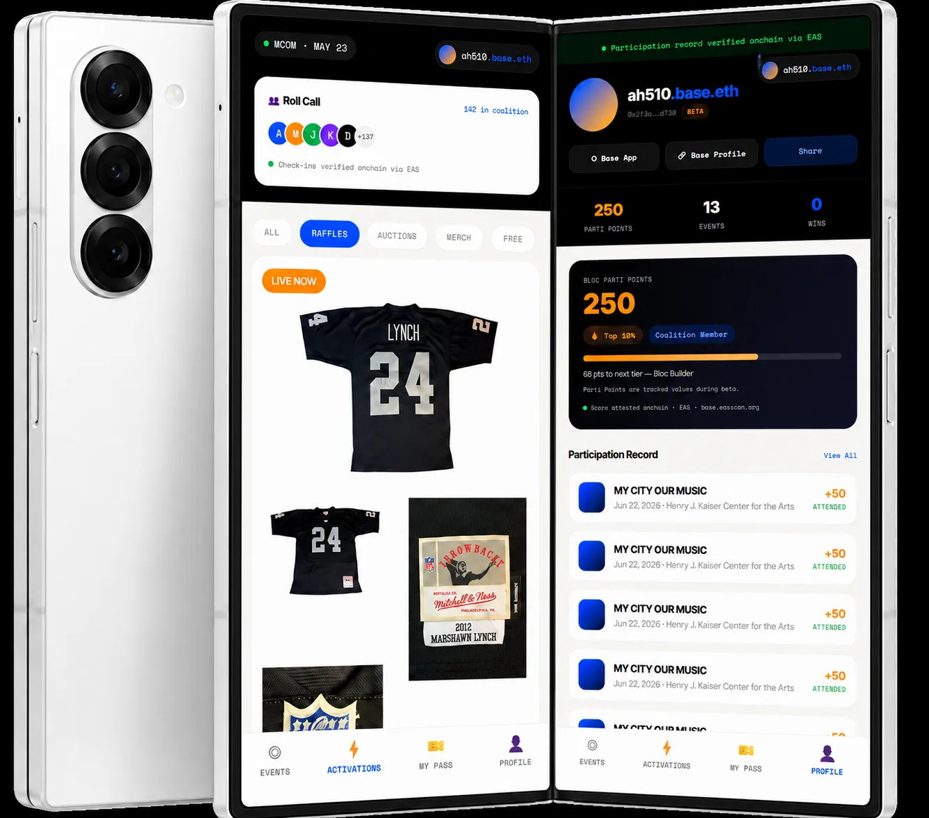 BASEbloc app on a foldable phone showing Roll Call, Bloc Parti points, and Participation Record